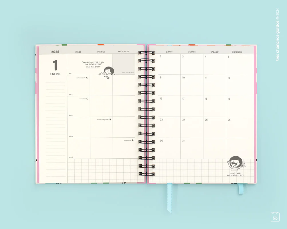 Agenda abierta mostrando un calendario mensual en 2 páginas visto desde arriba