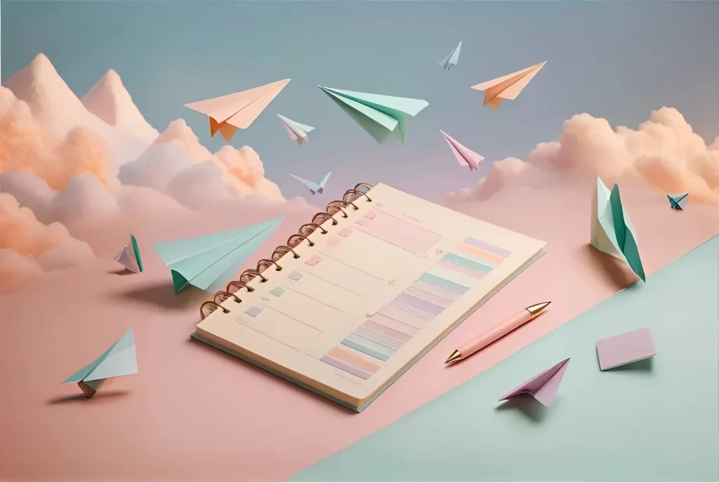 Imagen conceptual de planner abierto con aviones de papel en colores pastel volando entre nubes. Para artículo Mis recomendaciones de Agendas 2025 internacionales en Perú