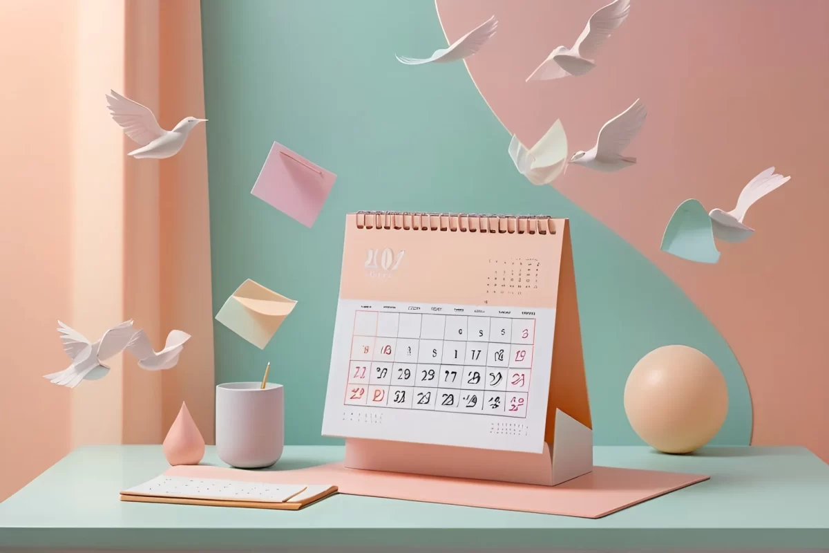 Imagen conceptual de calendario y papeles volando en al aire en colores pastel volando. Para artículo Mis recomendaciones de Calendarios 2025.